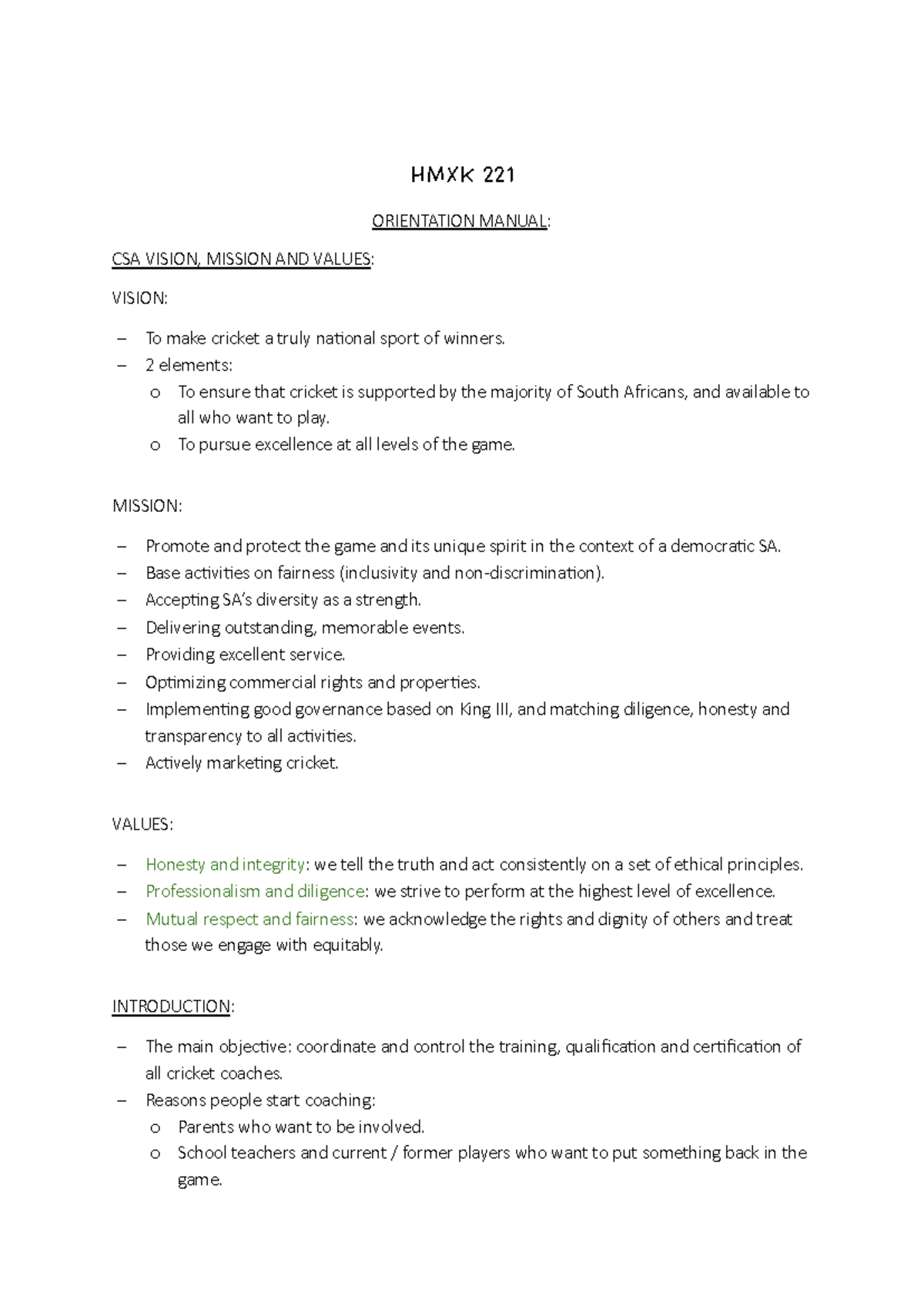HMXK 221 ( notas ) - Summaries for cricket - HMXK 221 ORIENTATION ...
