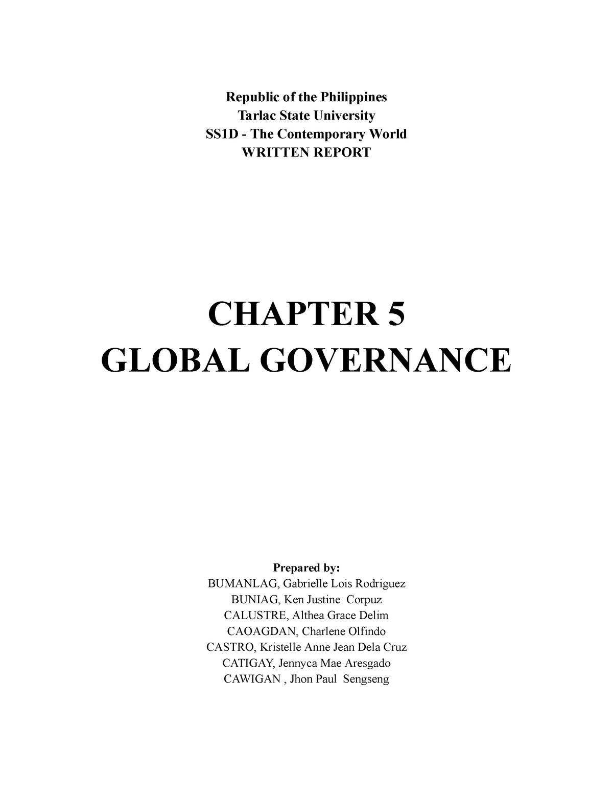 Chapter 5 Global Governance Republic Of The Philippines Tarlac State University Ss1d The