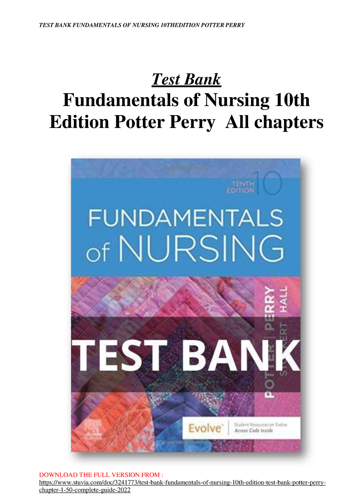 Test Bank Fundamentals Of Nursing 10th Edition By Potter Perry ...