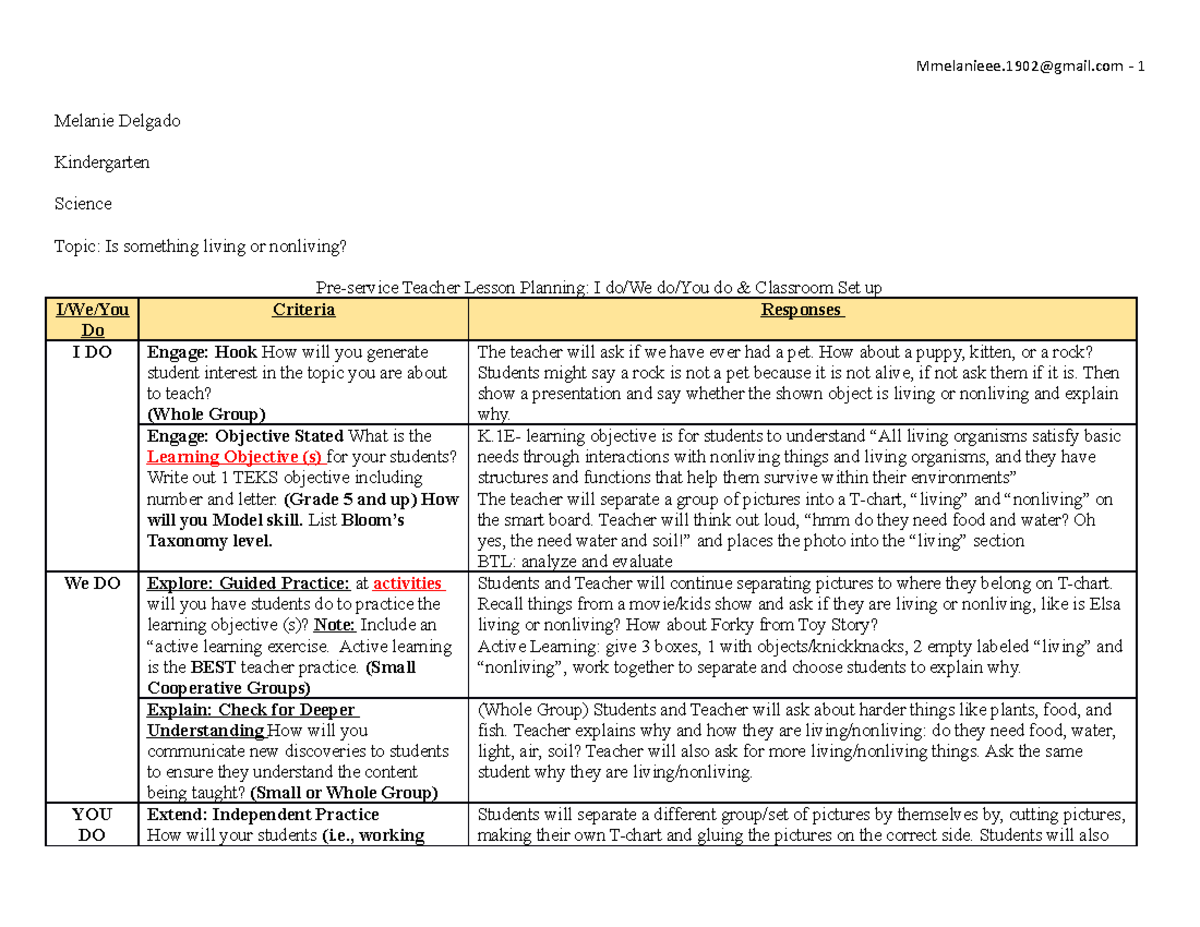 Lesson Plan and Classroom Setup - Mmelanieee@gmail - 1 Melanie Delgado ...