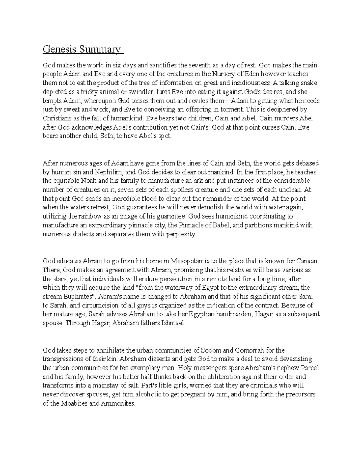 genesis summary - Genesis Summary God makes the world in six days and ...