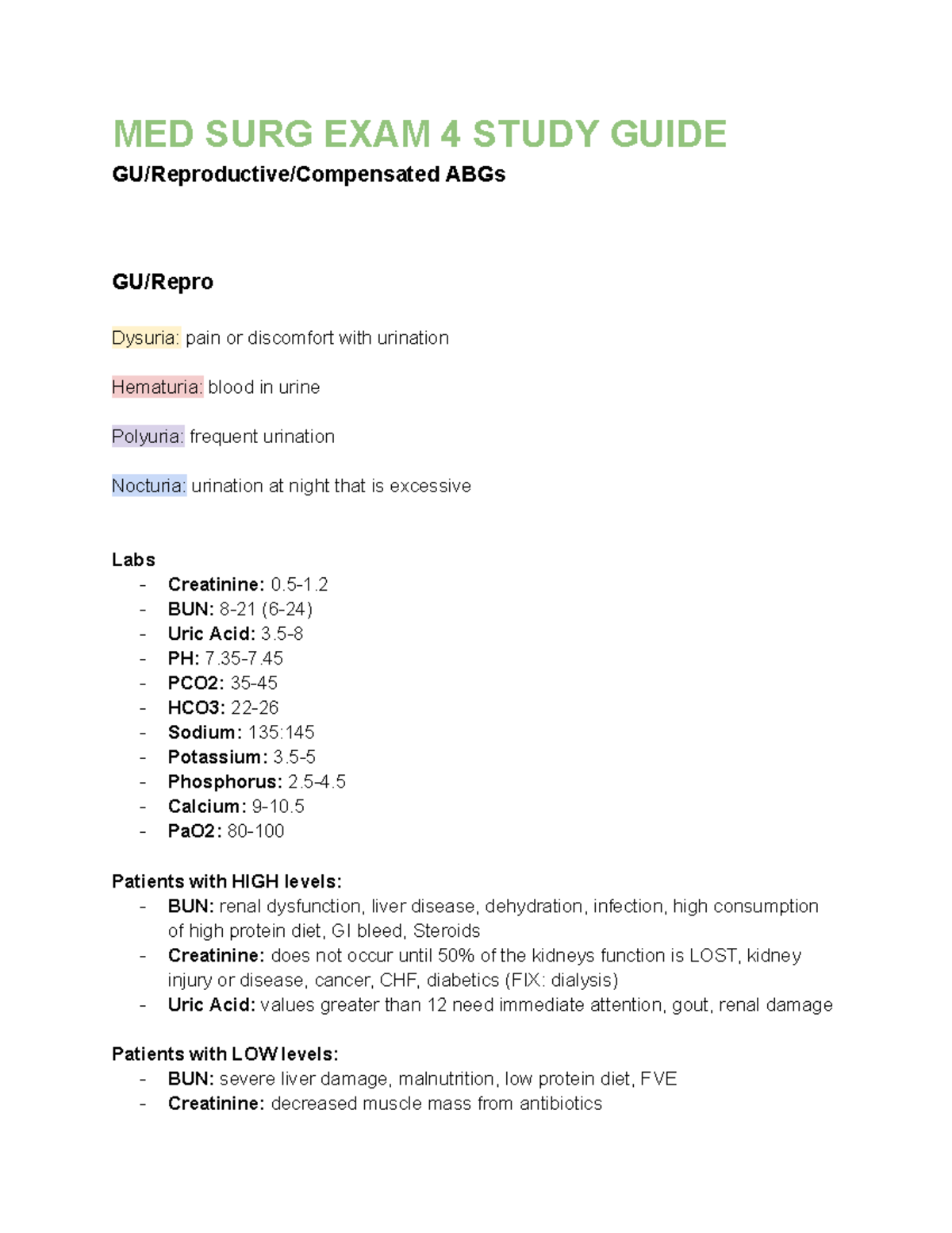 MED SURG EXAM 4 study guide - MED SURG EXAM 4 STUDY GUIDE GU