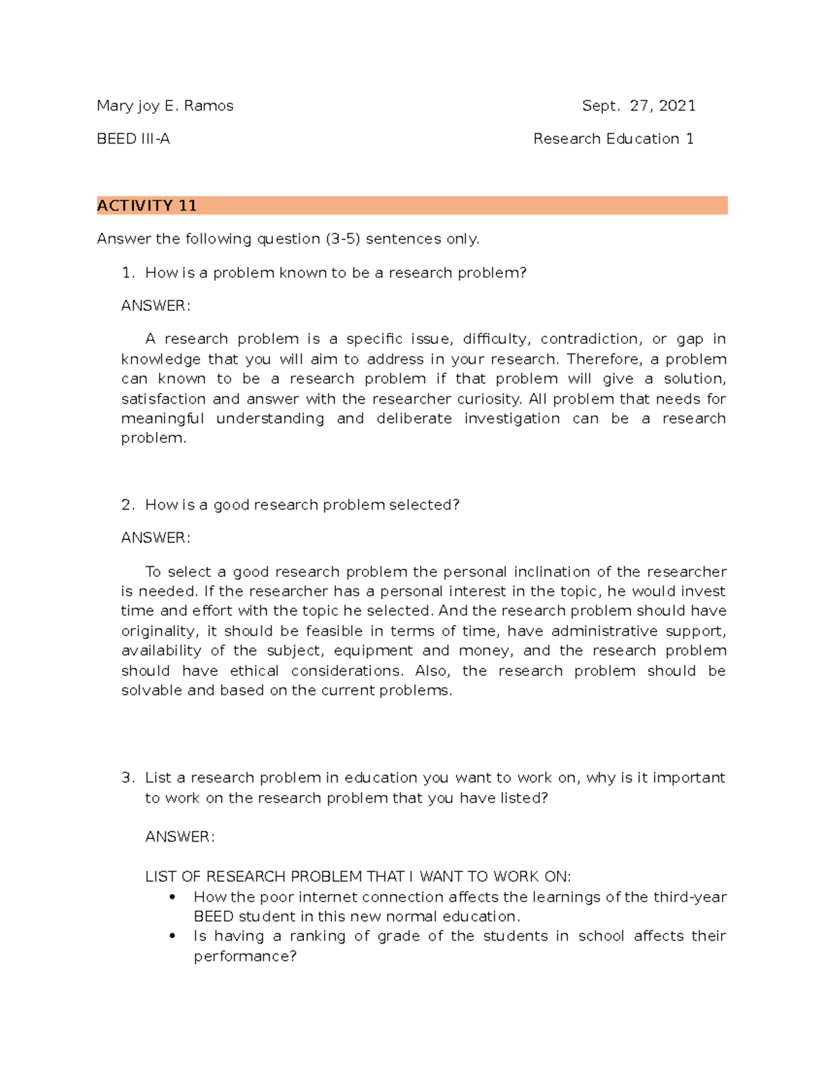 Activity 11. Research Education - Mary joy E. Ramos Sept. 27, 2021 BEED ...