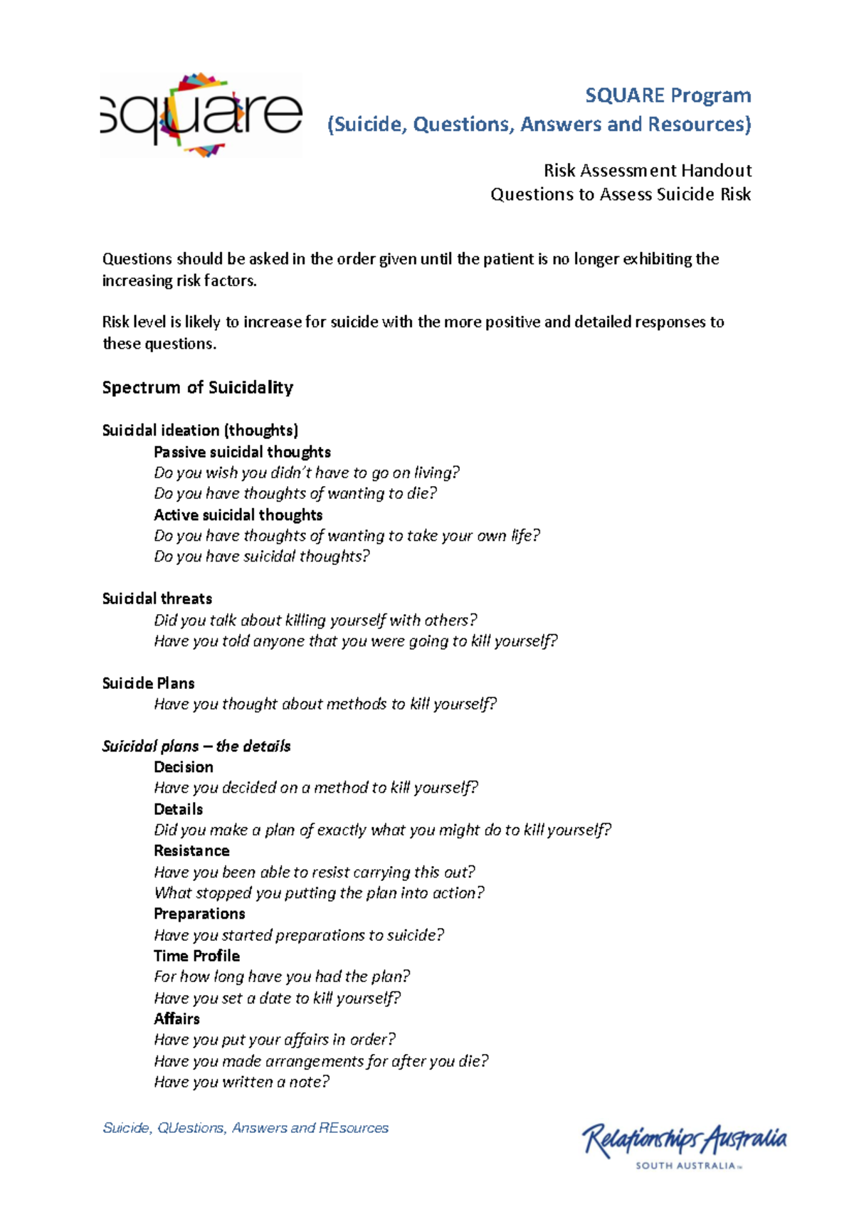 Questions-to-Assess-Suicide-Risk May2013 Handout 1 - Suicide, QUestions ...