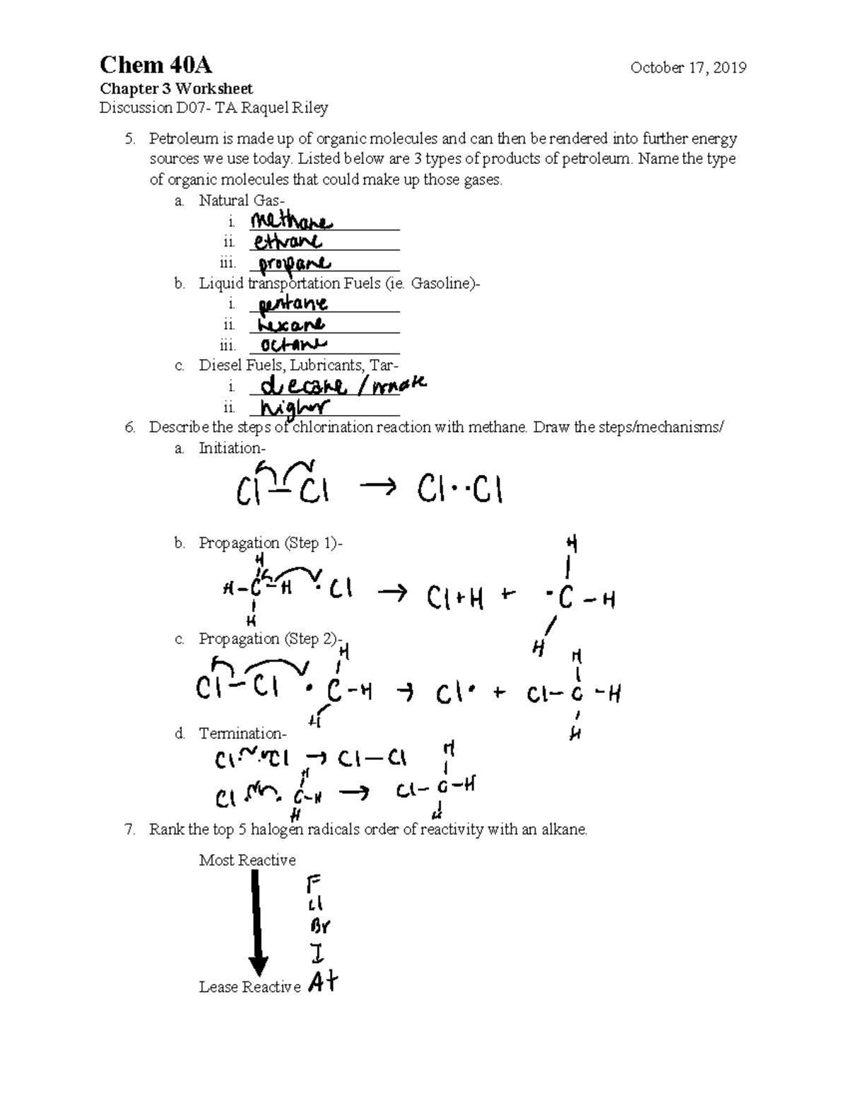 Chapter 3 Review Worksheet - Chem 40a October 17, 2019 Chapter 3 