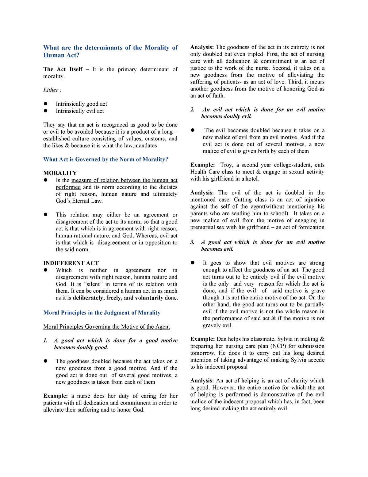 Prelim- Bioethics - What Are The Determinants Of The Morality Of Human ...