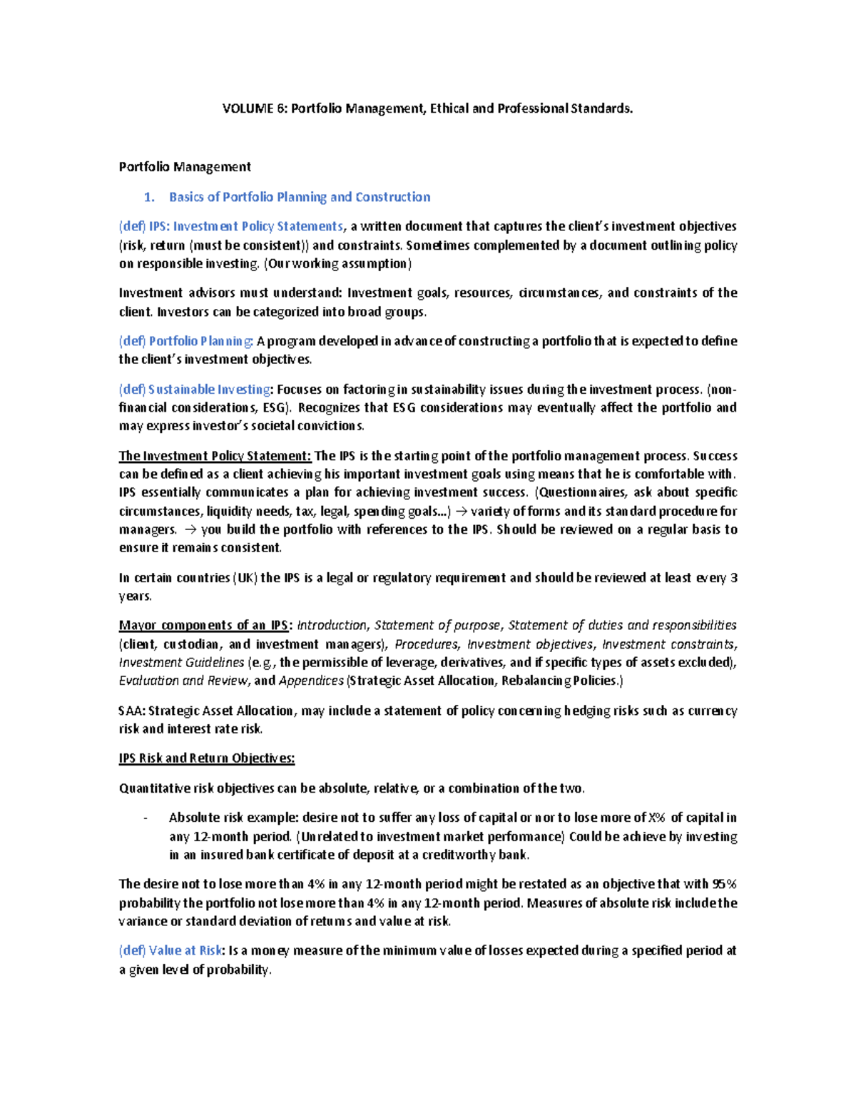 Portfolio Management summary VOLUME 6 Portfolio Management, Ethical
