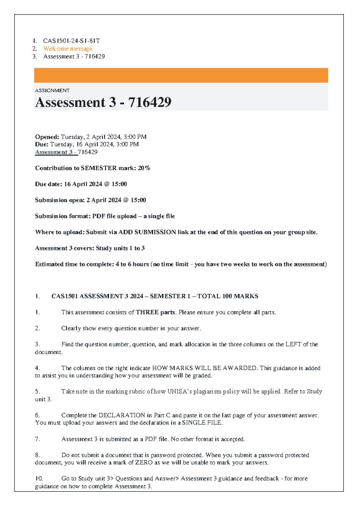 CAS1501 Assignment 3 Due 16 April 2024 - 1. CAS1501- 24 - S1-81T ...