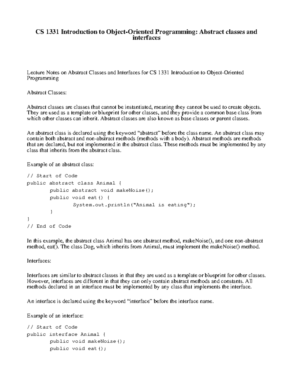 CS 1331 Introduction To Object-Oriented Programming - Abstract Classes ...