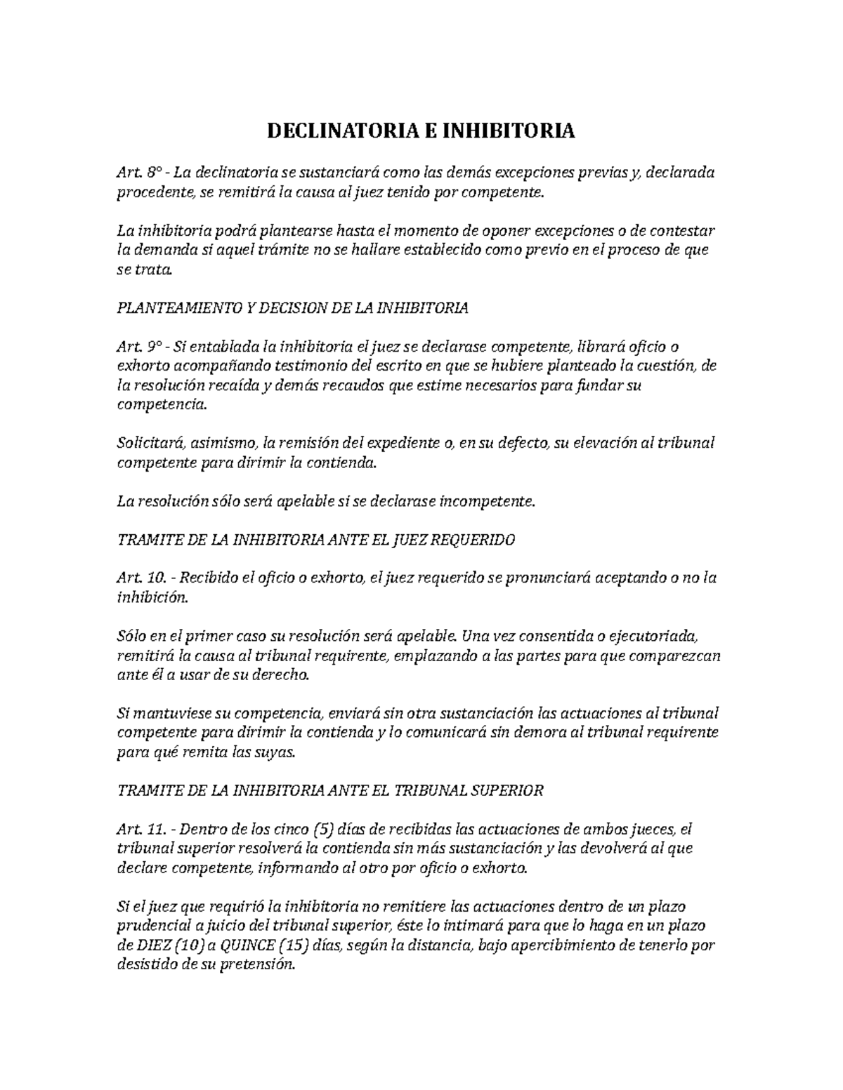 Resúmen procesal civil y comercial parte 2 - DECLINATORIA E INHIBITORIA