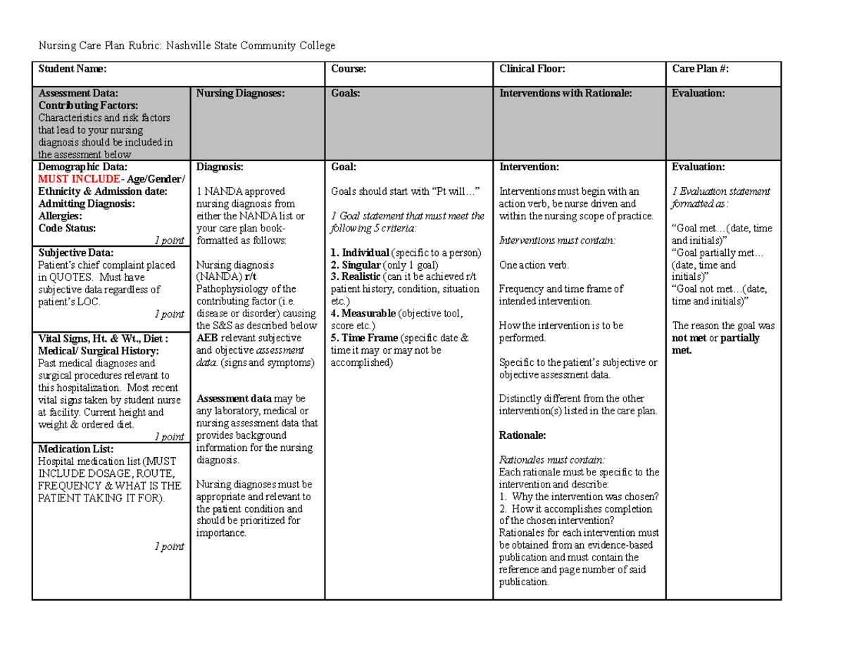 Care Plan Rubric Spring 2023 Nursing Care Plan Rubric Nashville State Community College 