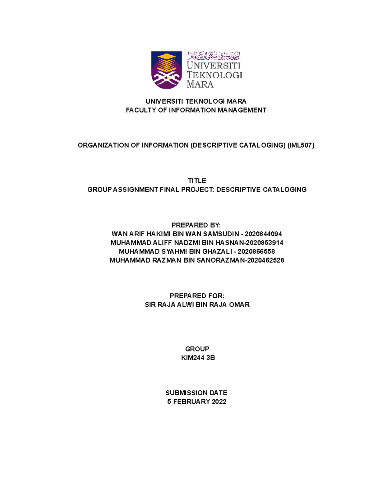 Final Project Descriptive cataloging -KIM2443B - UNIVERSITI TEKNOLOGI ...
