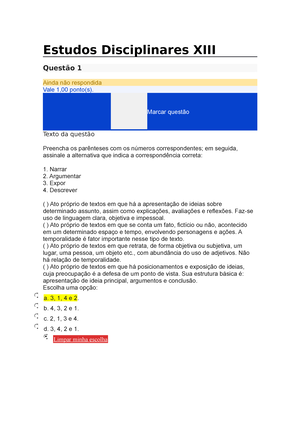 Estudos Disciplinares XII - Estudos Disciplinares XII Questão 1 Ainda ...