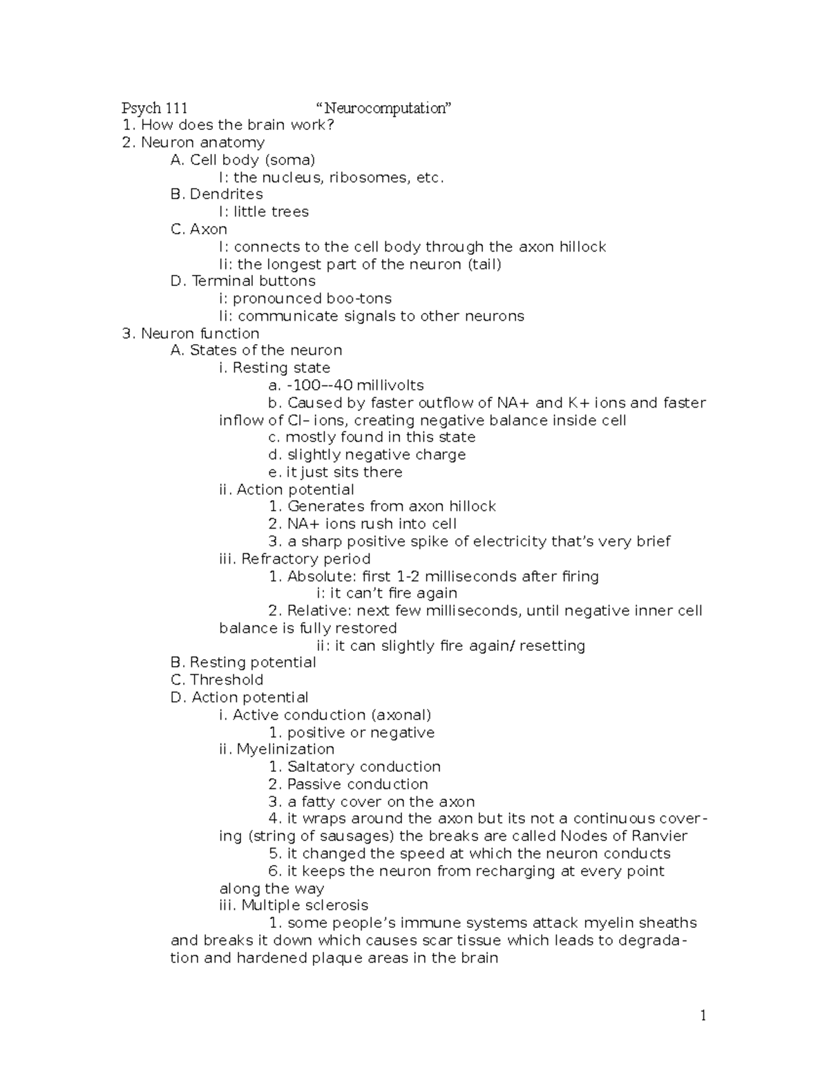 Neuro Psych 111 - Lecture notes 11 - Psych 111 “Neurocomputation” 1 ...