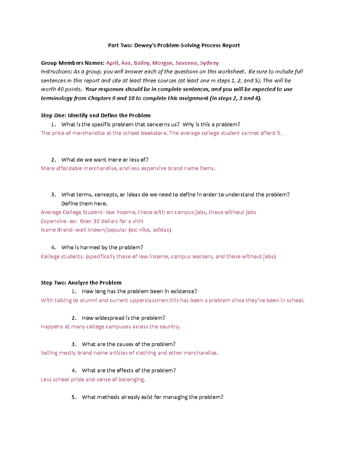 Process Report Template 1 Part Two Dewey s Problem Solving Process 