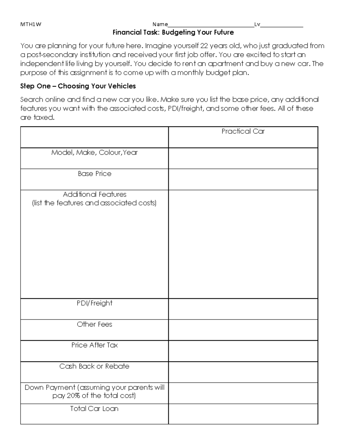 Financial Task Math Pre IB Grade 9 - Financial Task: Budgeting Your