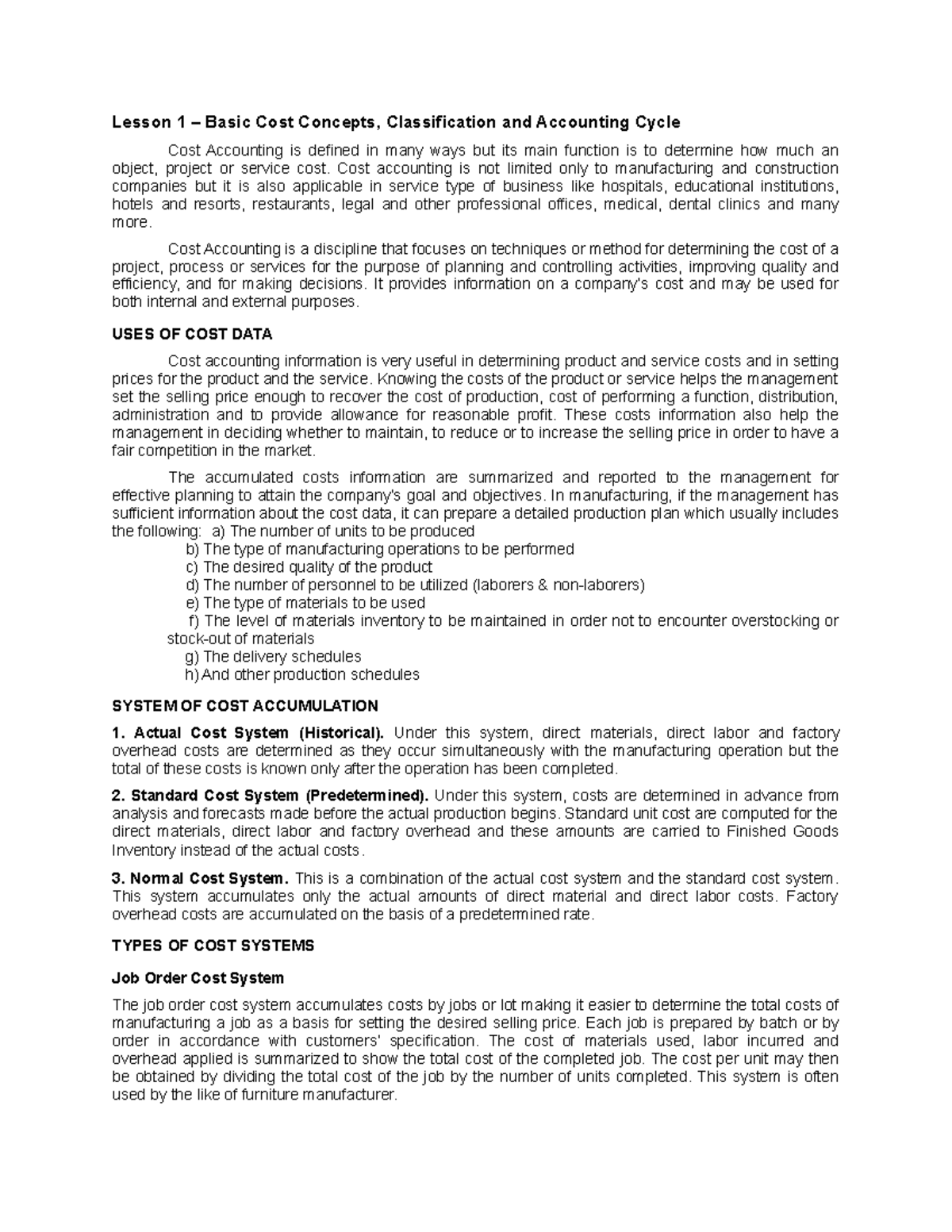 Cost-Lesson 1 - Cost Accounting And Control Lesson 1 Cost System ...