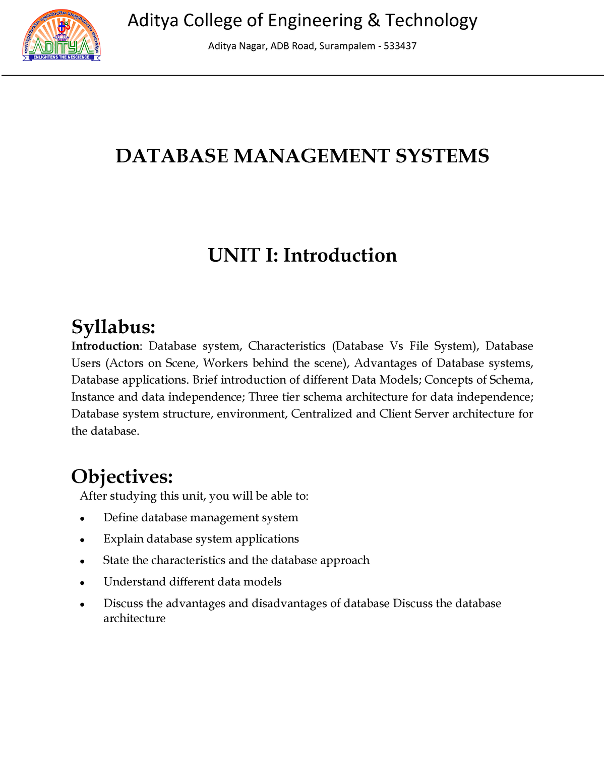 DBMS R20 UNIT 1 Jntu material Aditya College of