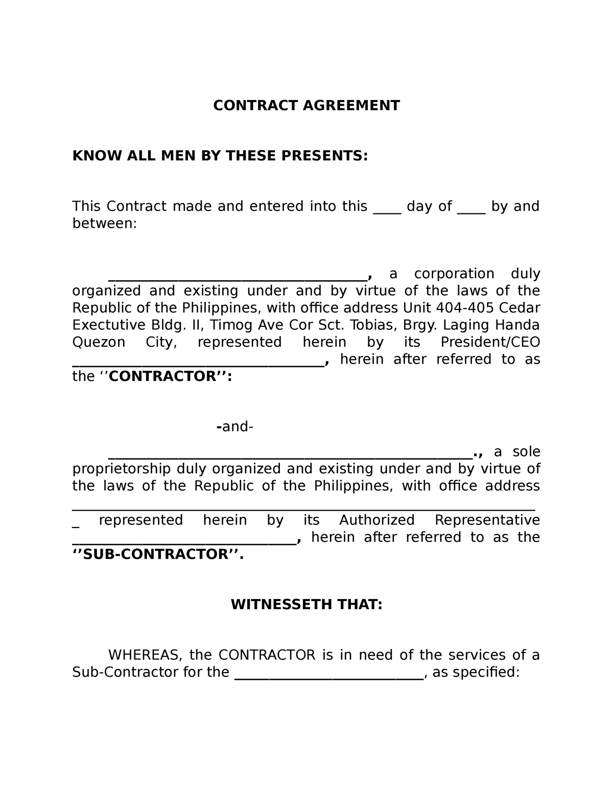 Contract Agreement Sample CONTRACT AGREEMENT KNOW ALL MEN BY THESE 