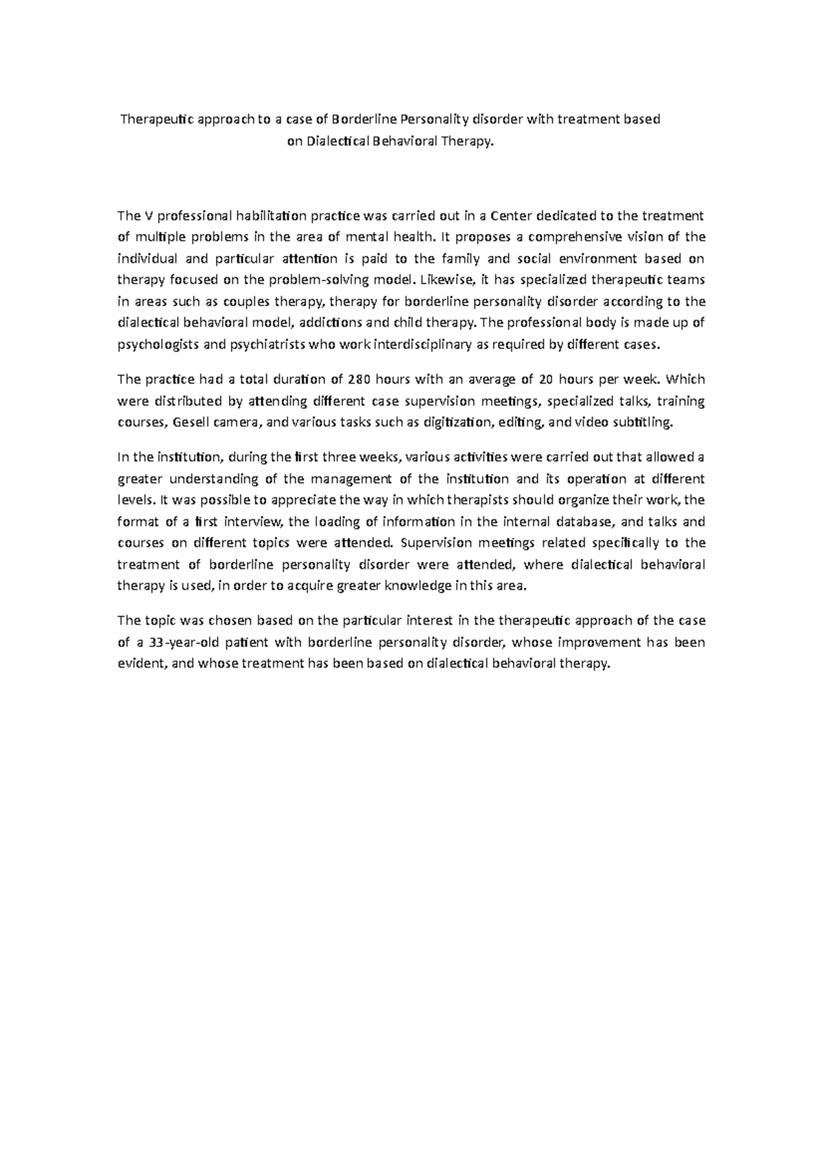 Therapeutic approach to a case of Borderline Personality disorder with ...