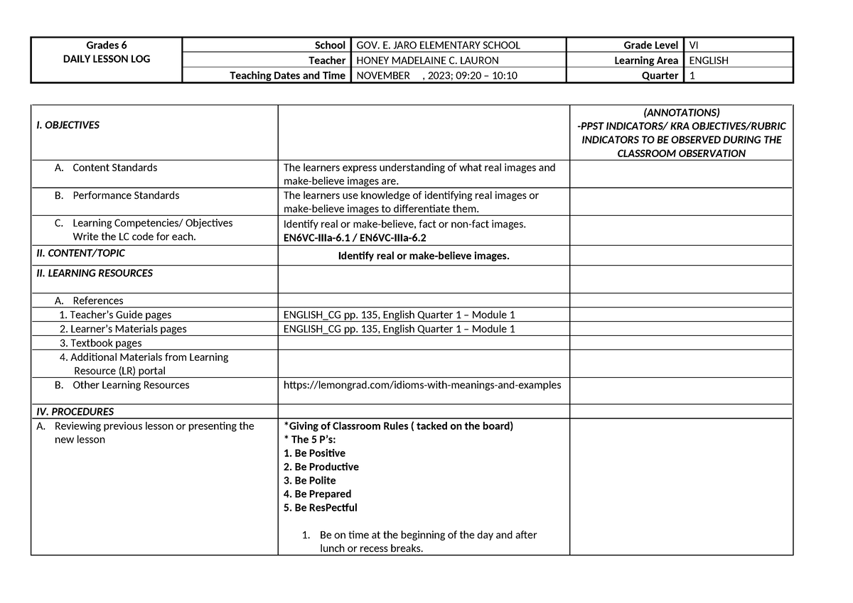 COT Q1 English 6 FACT NON - Grades 6 DAILY LESSON LOG School GOV. E ...