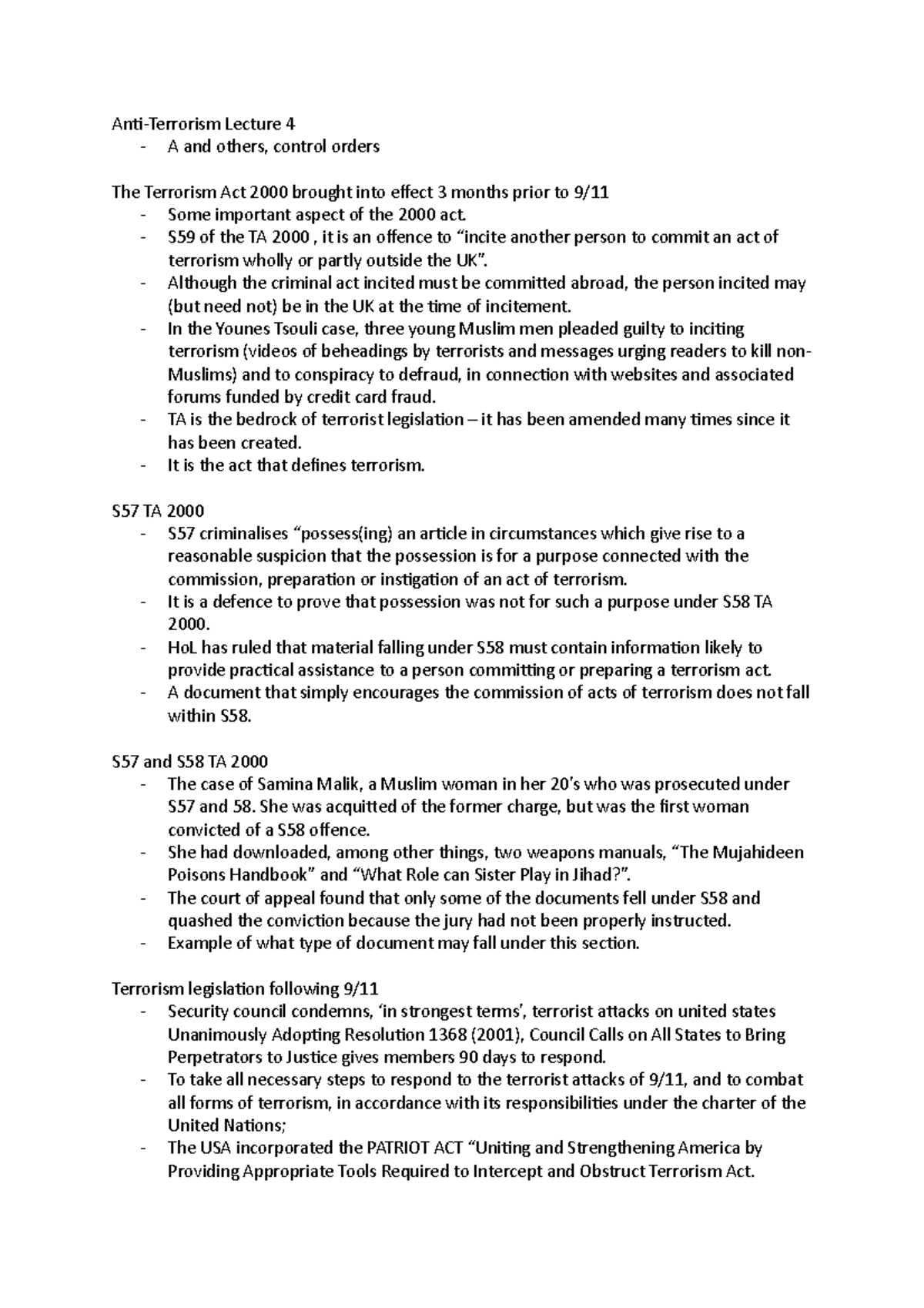 Lecture 4 - Anti-Terrorism Lecture 4 - A and others, control orders The ...