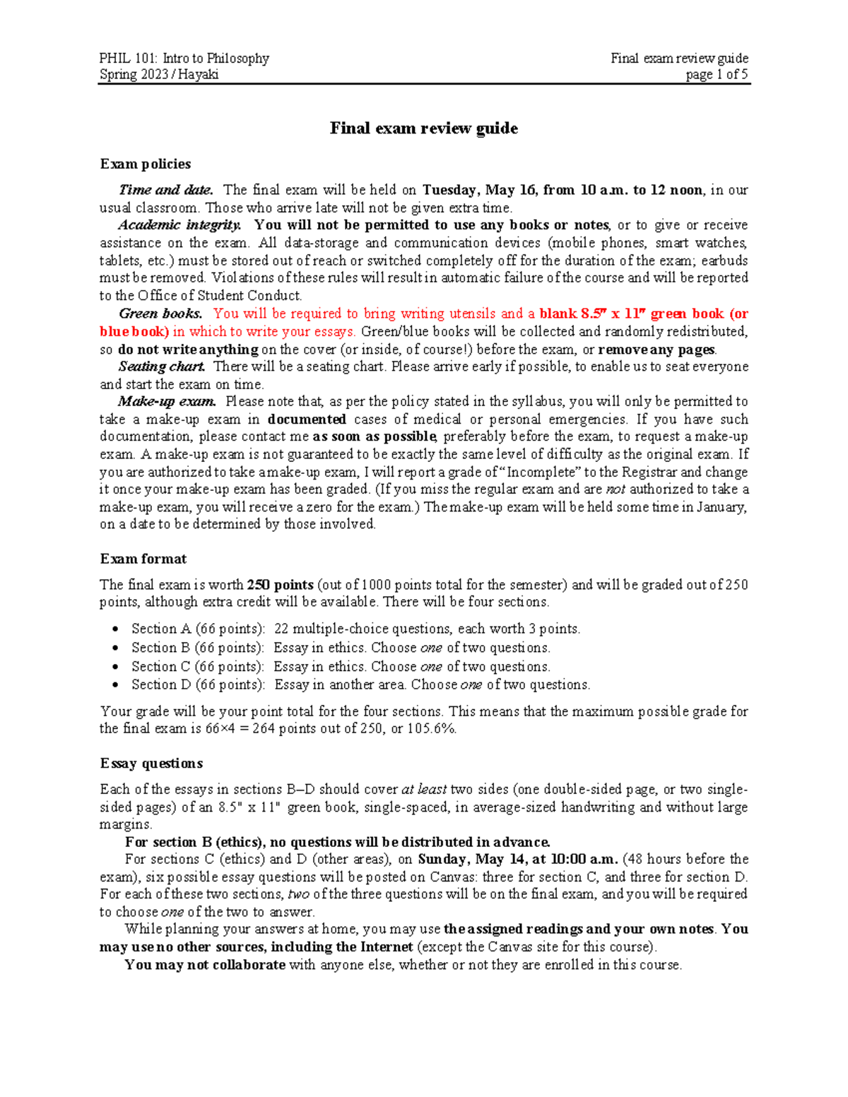 Final exam review guide - Spring 2023 / Hayaki page 1 of 5 Final exam ...