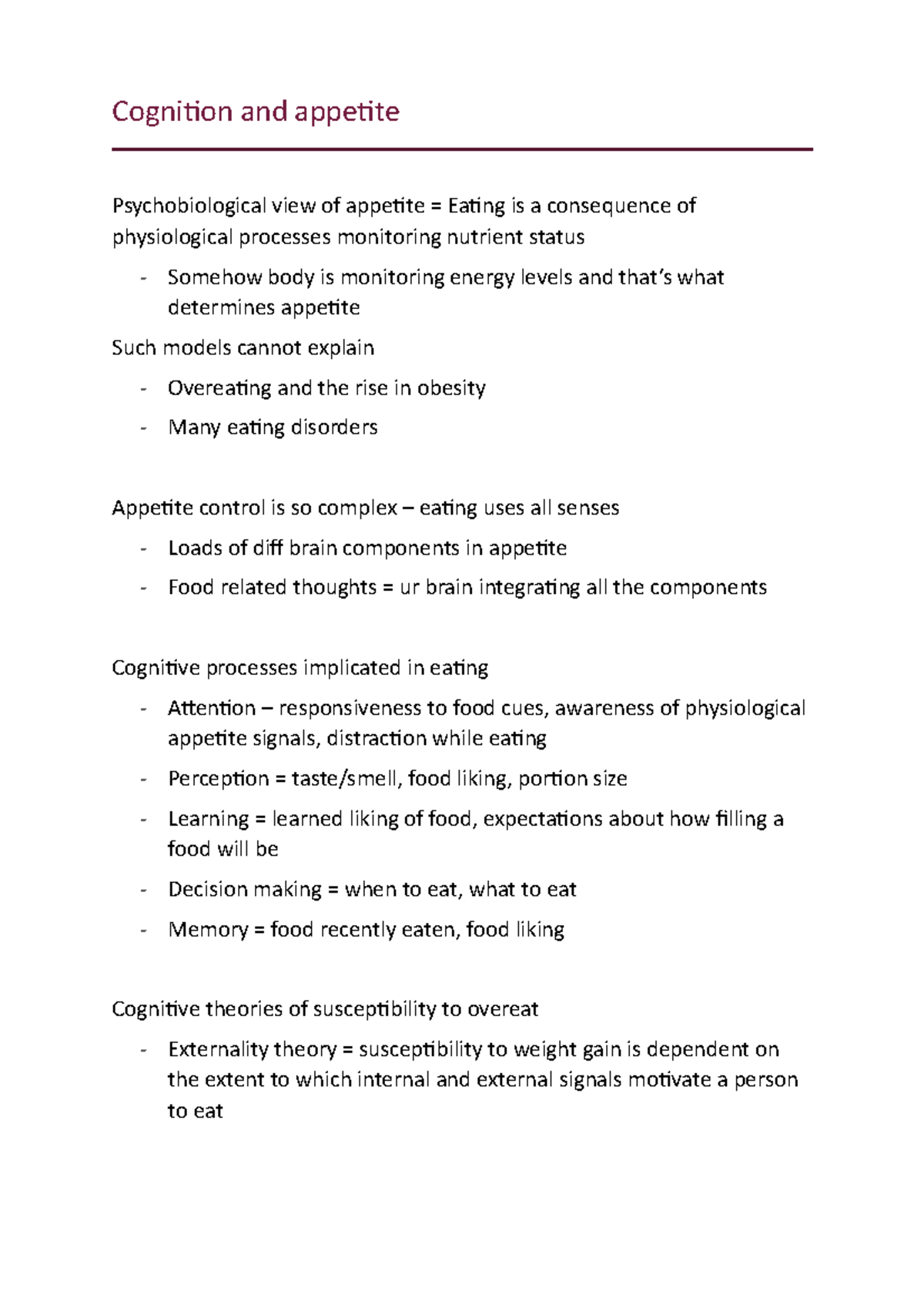 Lecture 18 - Cognition and appetite - Cognition and appetite ...