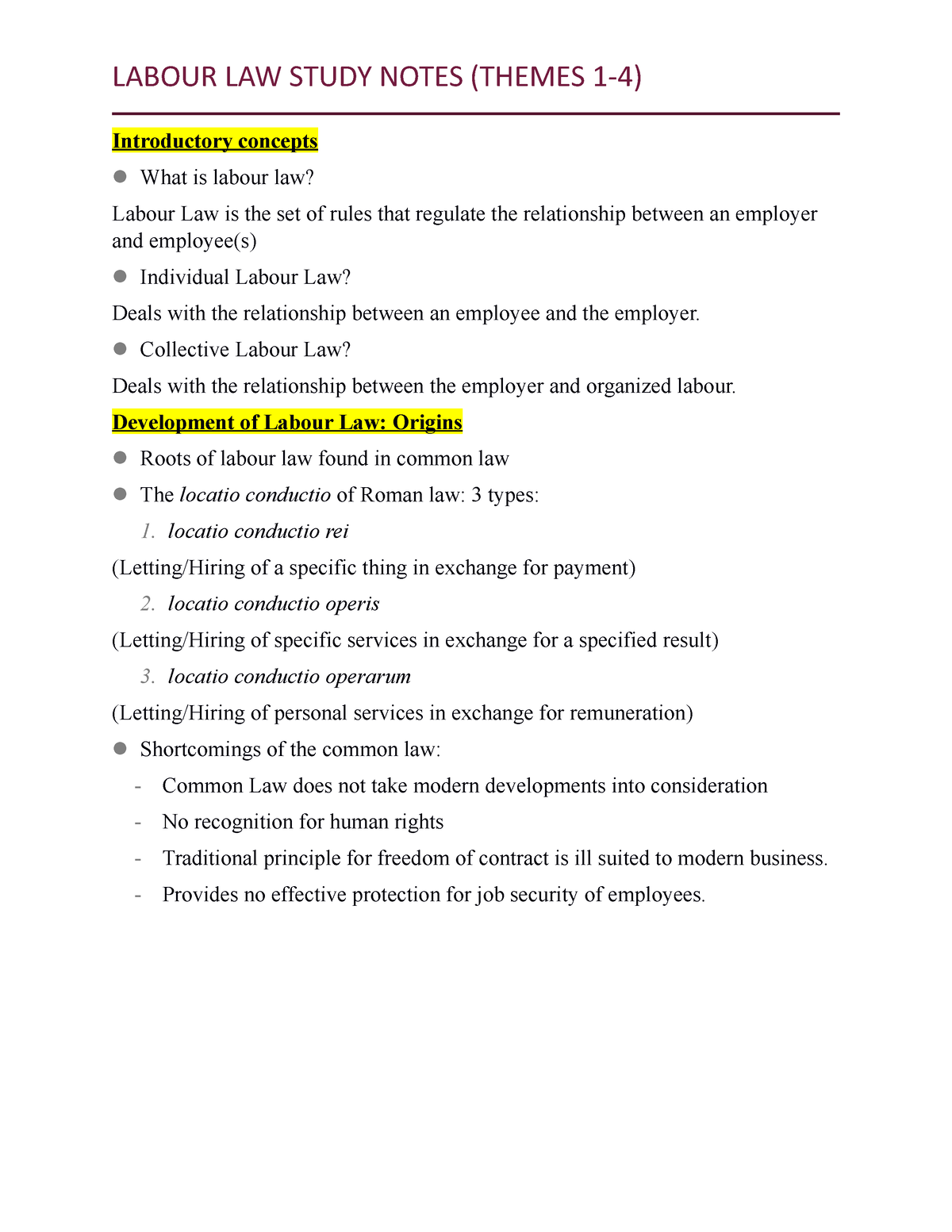 Labour Law Study Notes (Themes 1-4) - LABOUR LAW STUDY NOTES (THEMES 1 ...