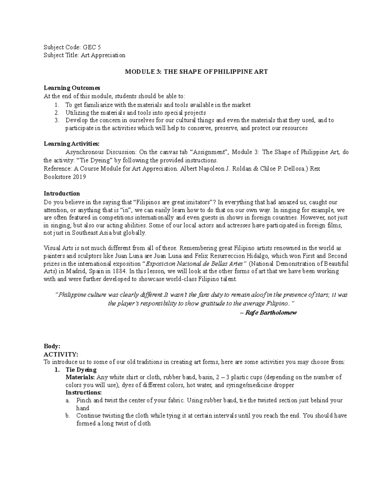 Module 3 The Shape of Philippine Art Subject Code GEC 5 Subject