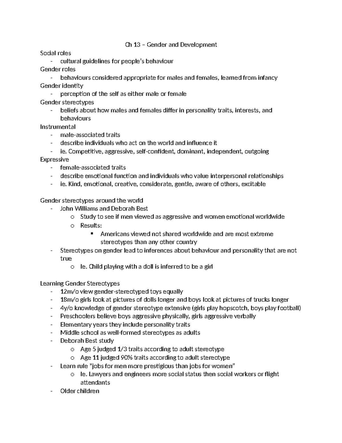 Ch 13 - notes - Ch 13 – Gender and Development Social roles cultural ...