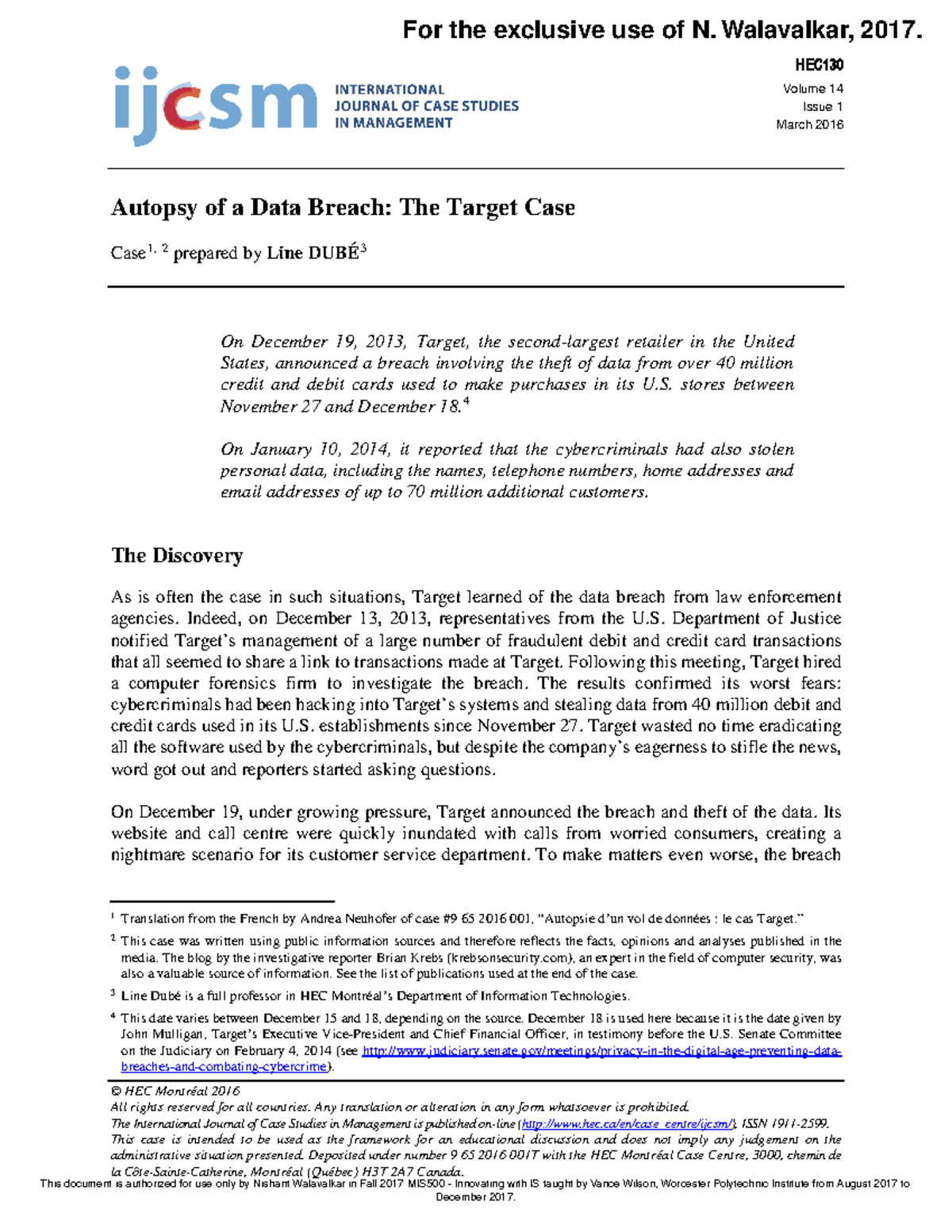 Autopsy of a data breach target Case - Volume 14 Issue 1 March 2016 ...