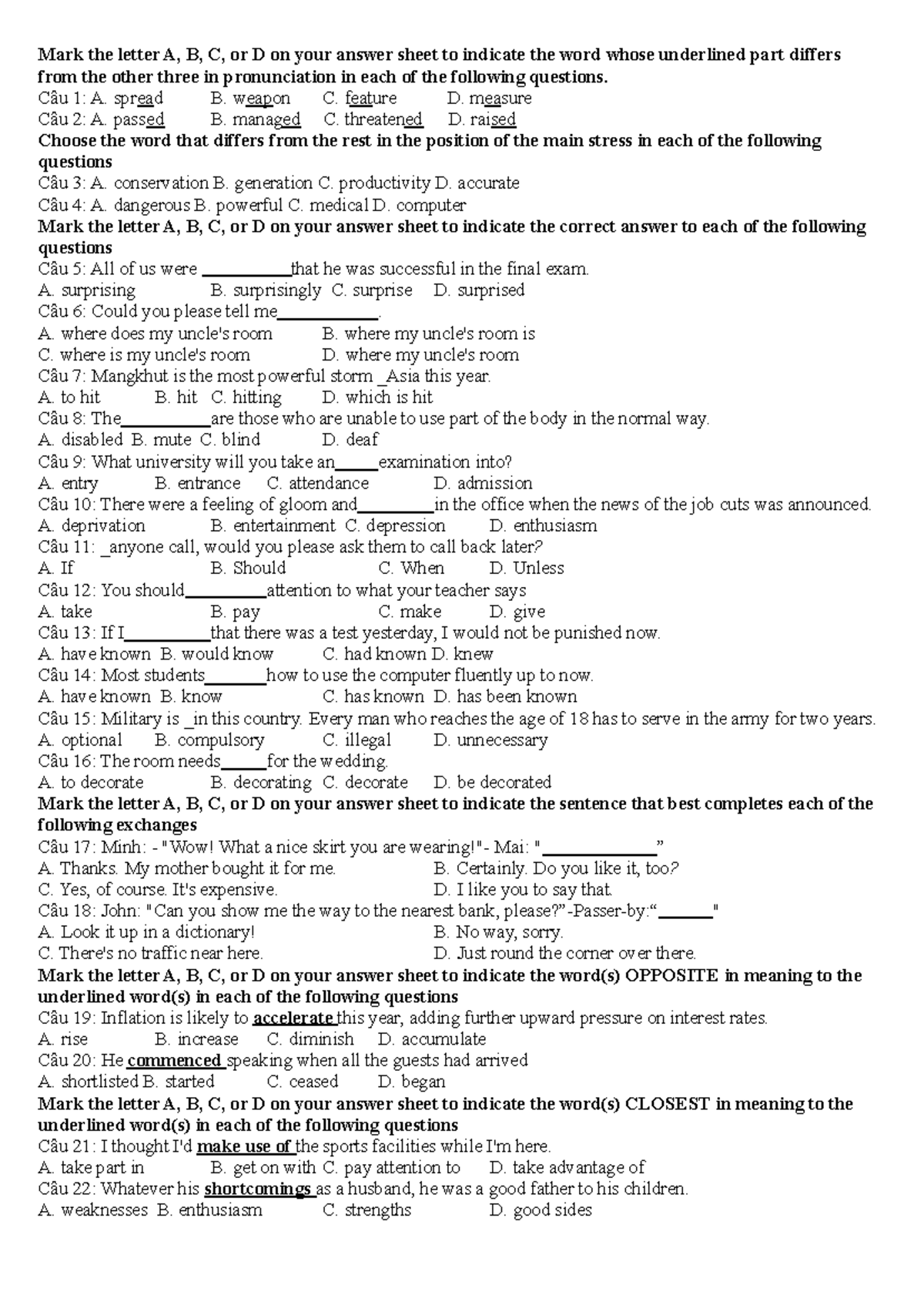 [G12] U123 - for practice - Mark the letter A, B, C, or D on your ...