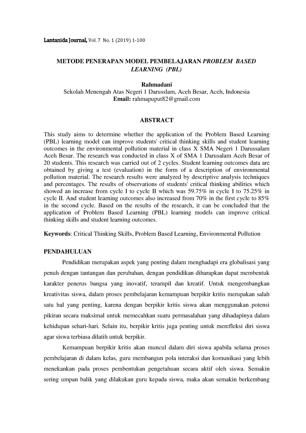 Model PBL - Jurnl - Lantanida Journal, Vol. 7 No. 1 (2019) 1- METODE ...