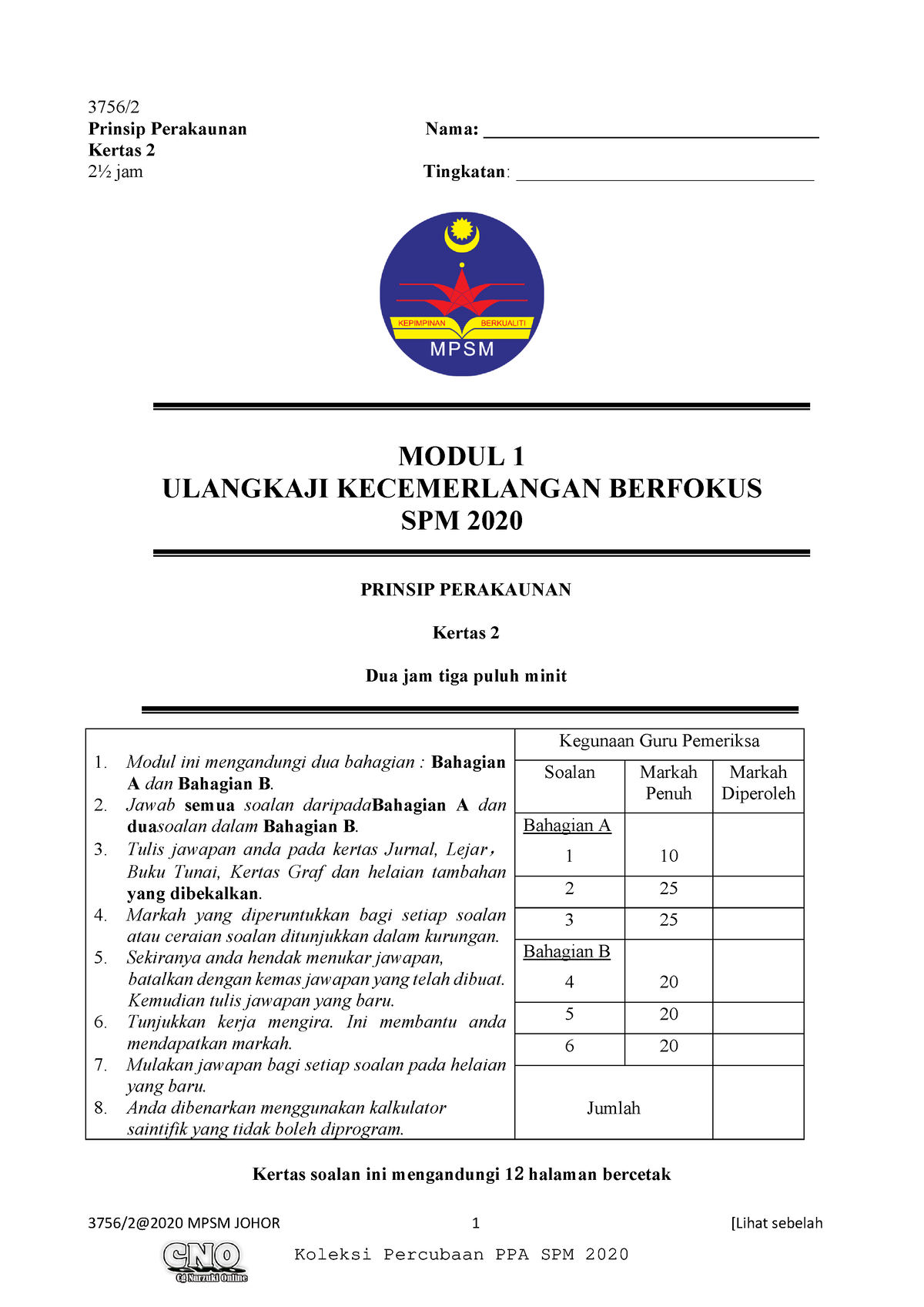 Johor M1  Trial SPM 2020 3756question  3756/2@2020 MPSM JOHOR 1