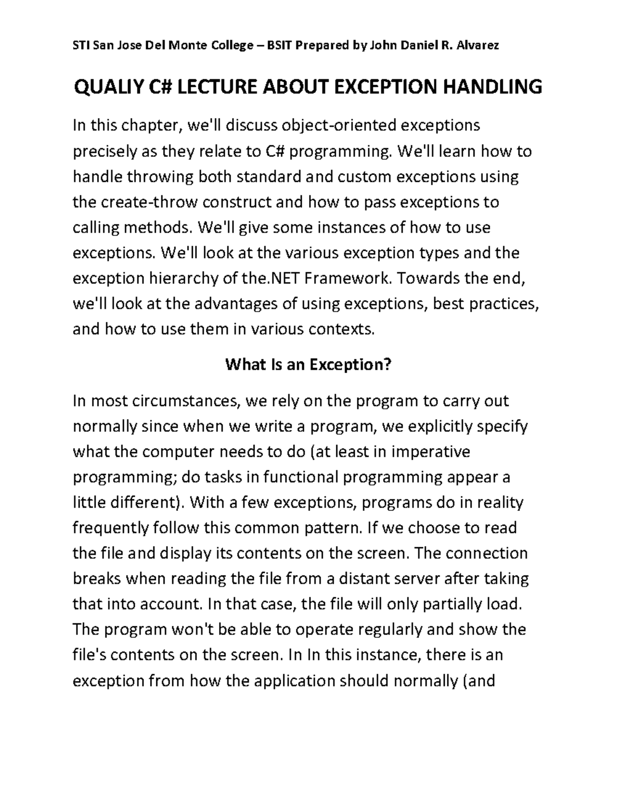 Quality C Sharp Lecture About Exception Handling - QUALIY C# LECTURE ...