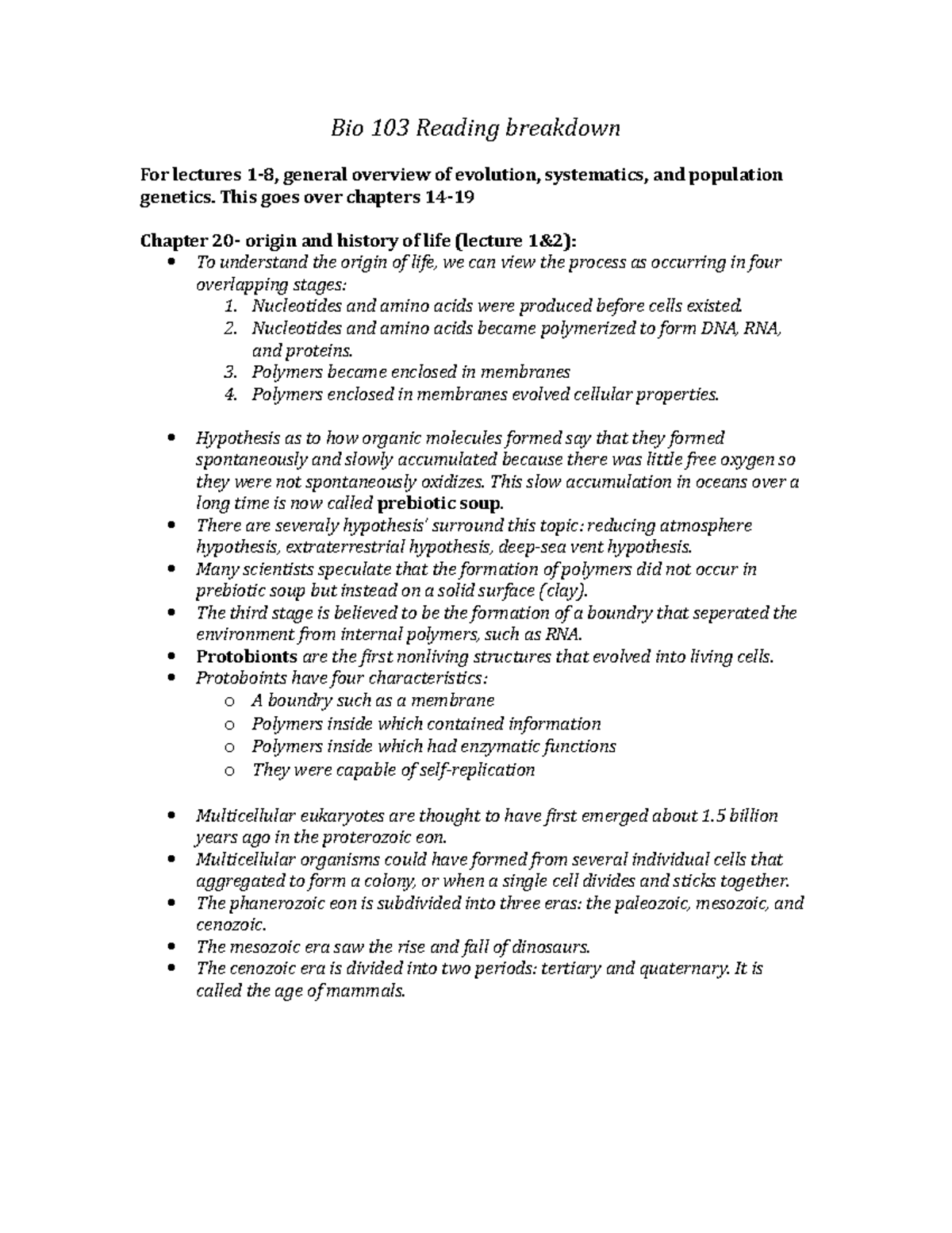 Bio 103 Notes (Boag) - Bio 103 Reading breakdown For lectures general ...