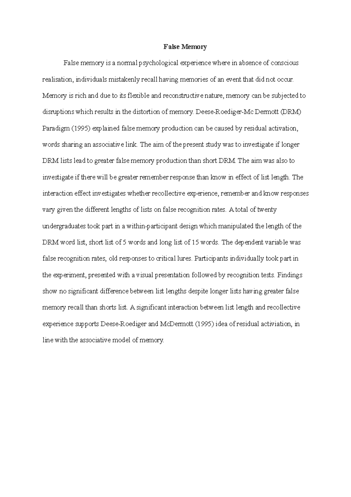 False Memory - Lecture notes 10 - False Memory False memory is a normal ...