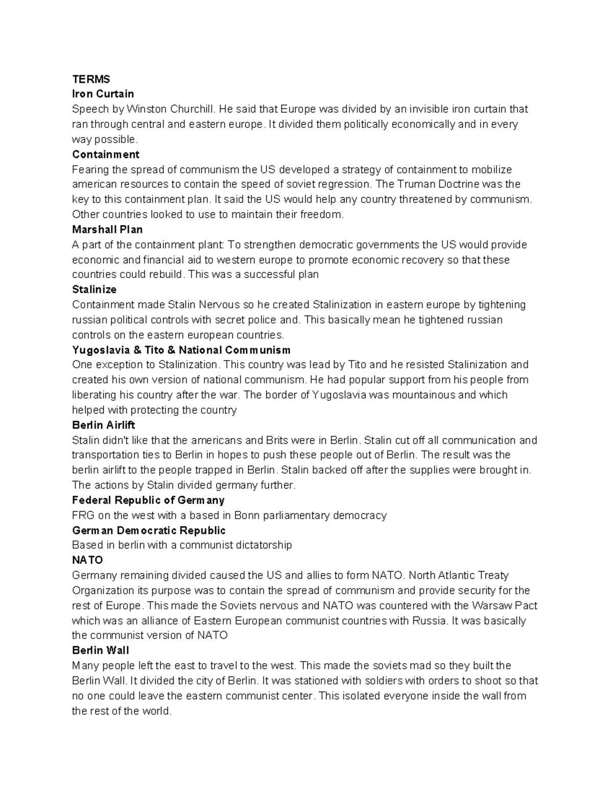 Cold War Lecture notes 3 TERMS Iron Curtain Speech by Winston