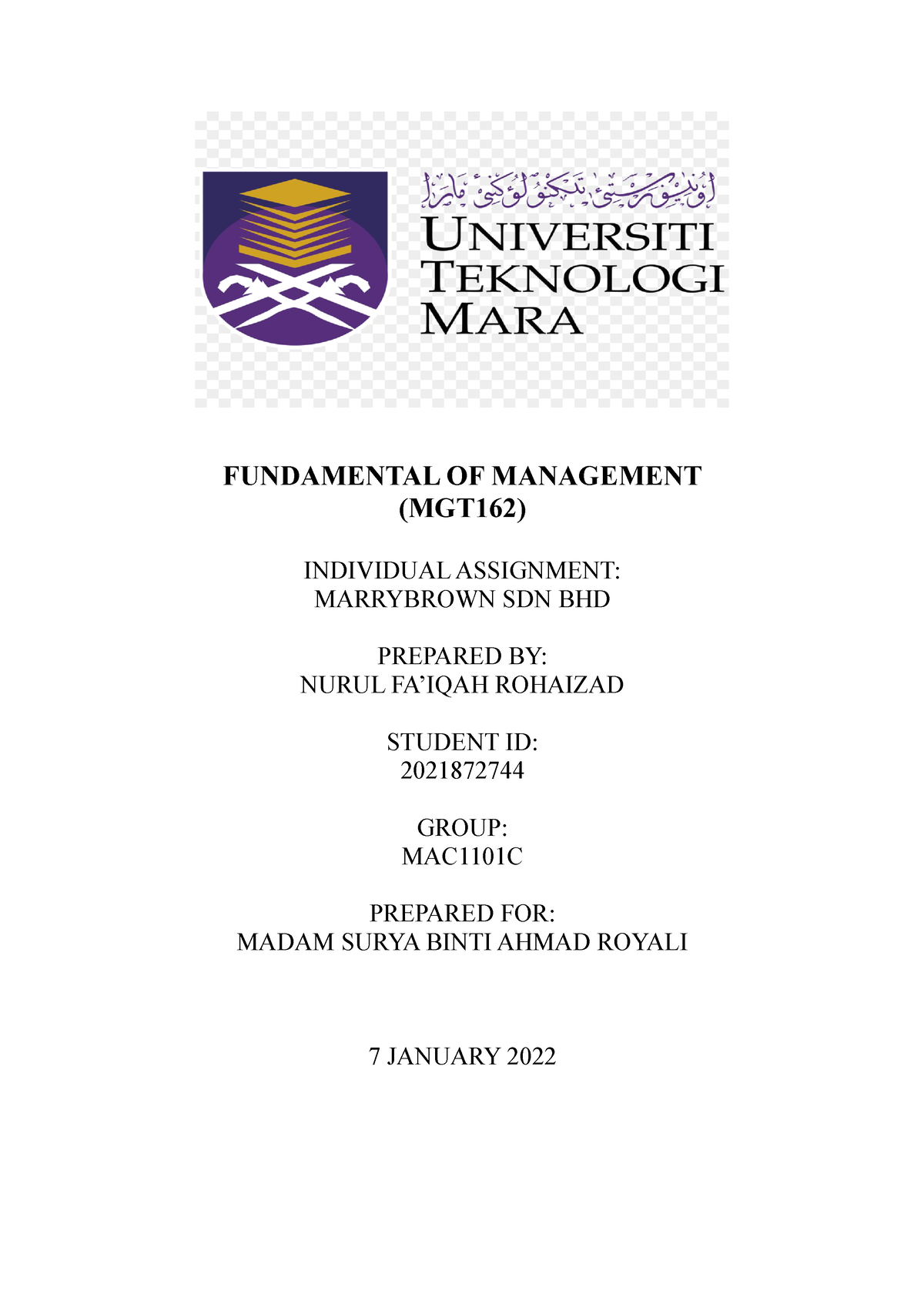 Nurul FA'IQAH 2021872744 MGT162 - FUNDAMENTAL OF MANAGEMENT (MGT162 ...