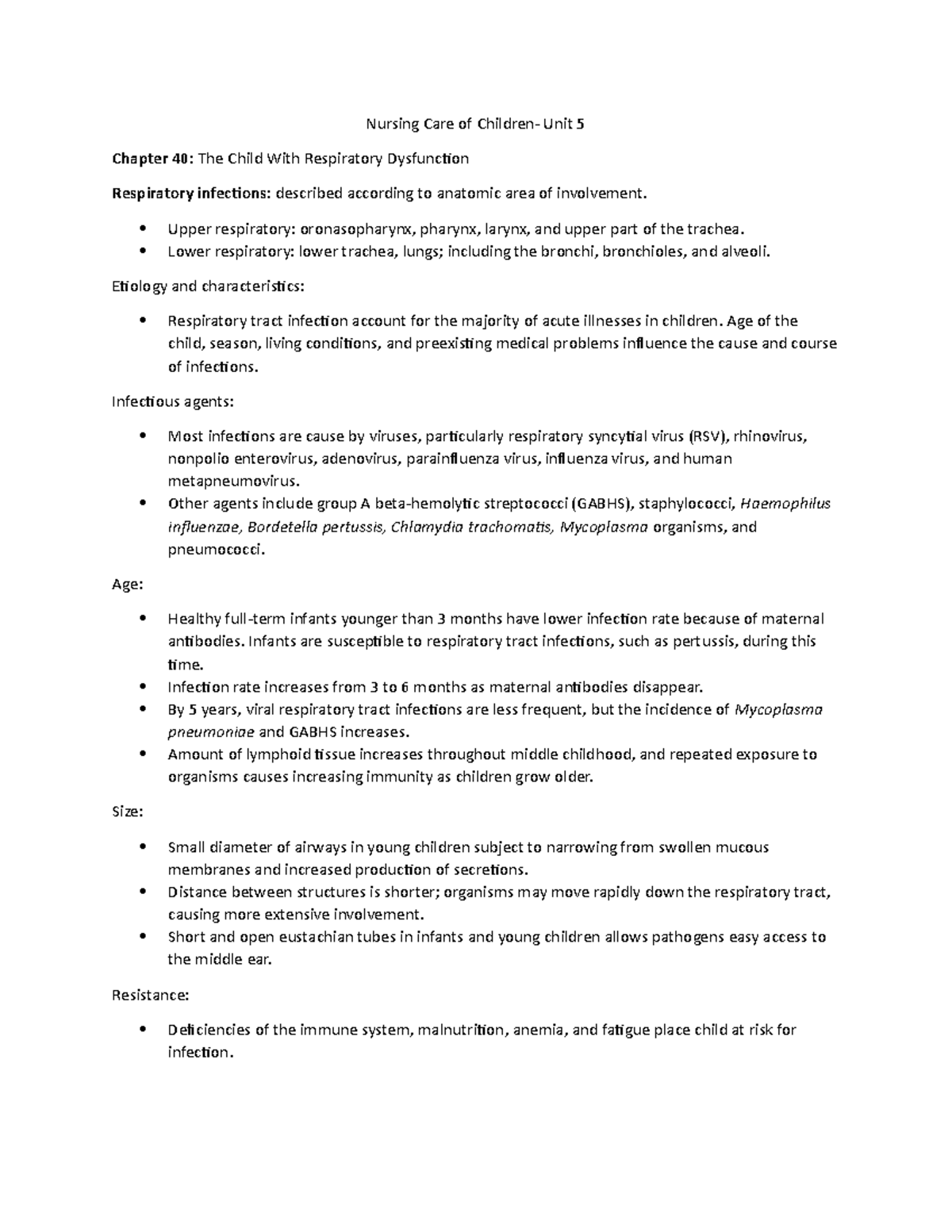 Nursing Care of Children- Unit 5 Study Guide - Nursing Care of Children ...