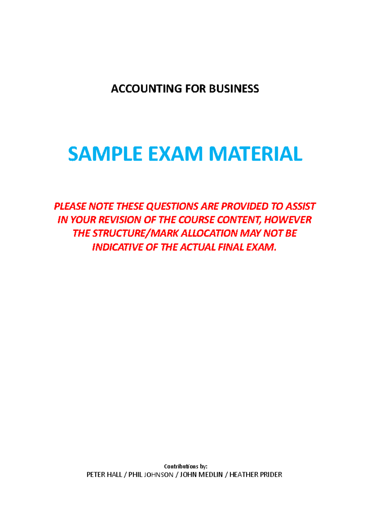 Sample/practice Exam 20 April, Questions - ACCOUNTING FOR BUSINESS ...