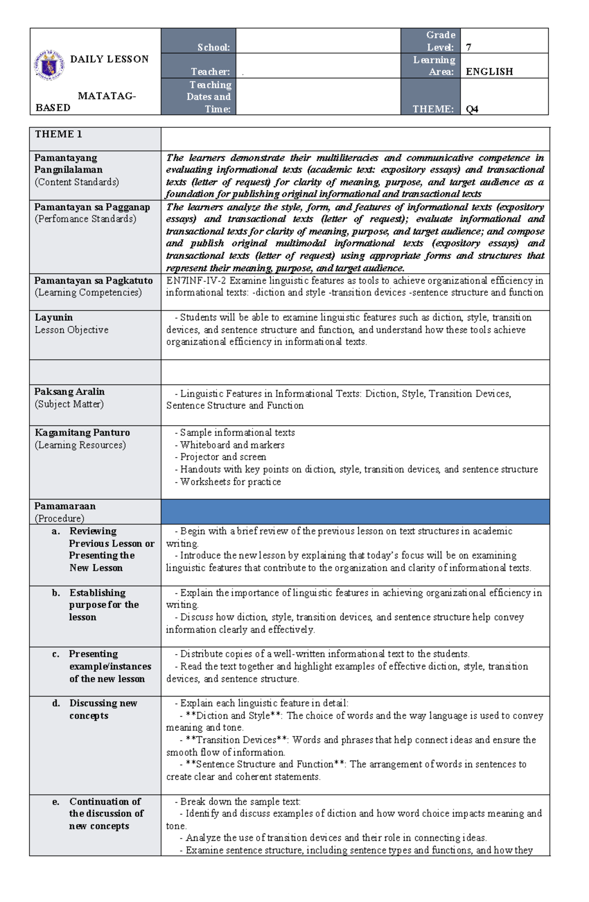 Sample pattern of lesson plan - DAILY LESSON LOG MATATAG- BASED School ...