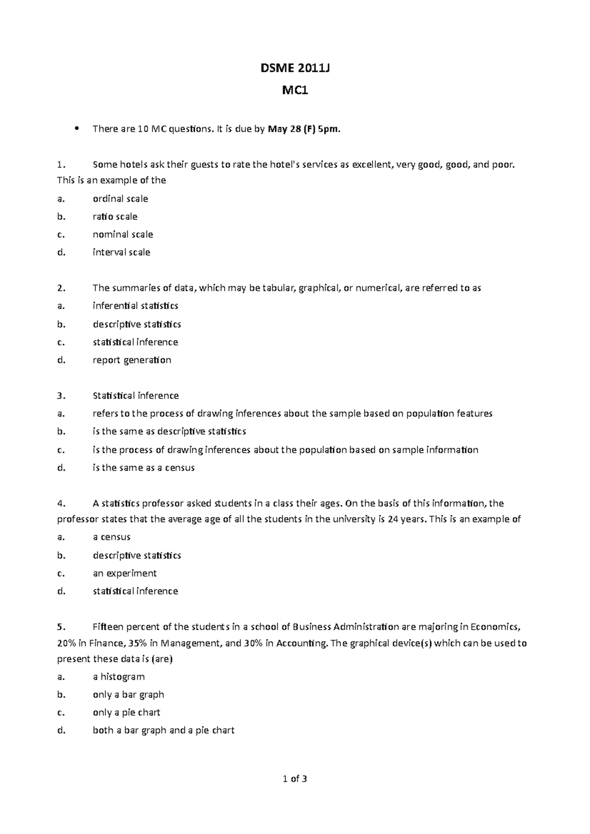 MC1 (with answers) - Statistical Analysis for Business Decisions - CUHK ...