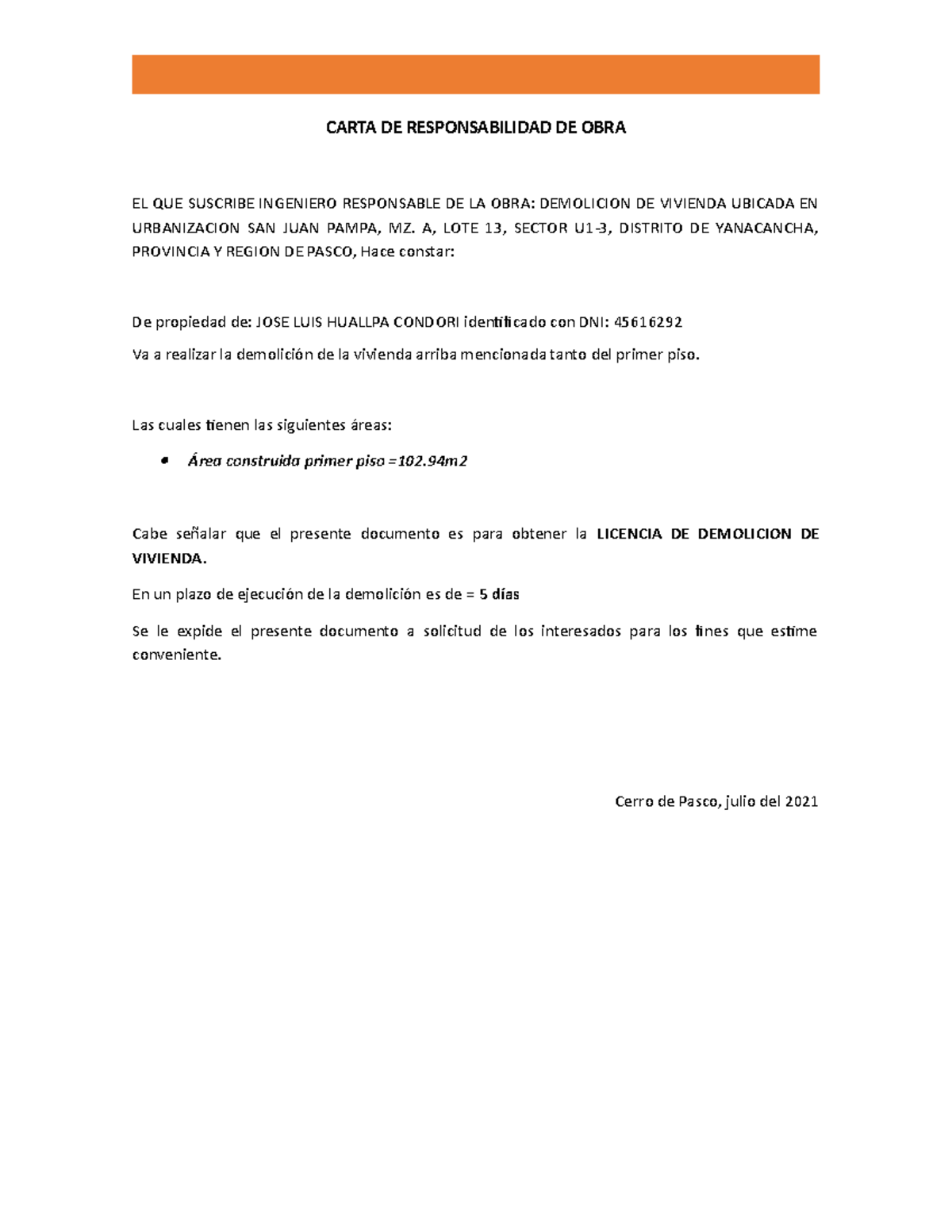 Carta De Responsabilidad De Obra Carta De Responsabilidad De Obra El