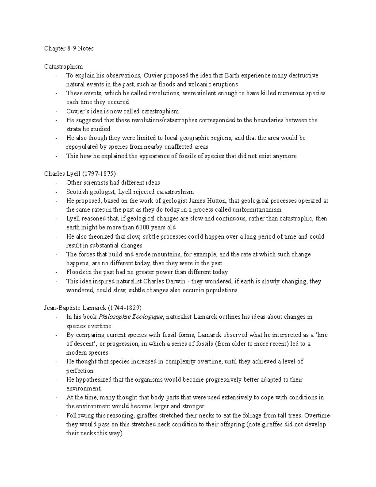 Exam review Chapter 8-9 Notes - Chapter 8-9 Notes Catastrophism - To ...