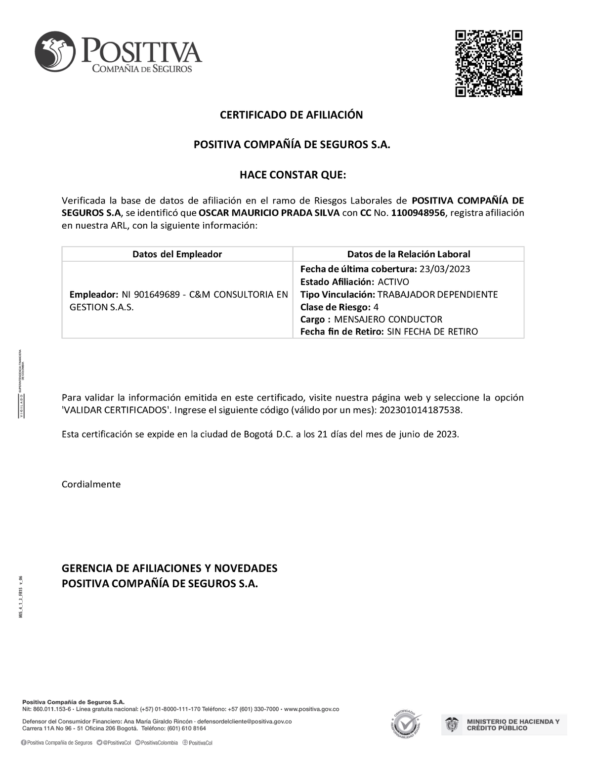 ARL Oscar Prada-1 - B!.!. - CERTIFICADO DE AFILIACI”N POSITIVA COMPA—ÕA ...