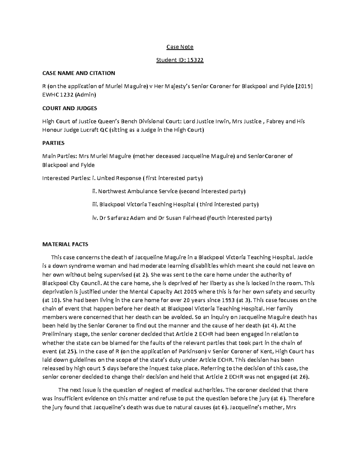 Case noteconverted Notes Case Note Student ID 15322 CASE NAME AND