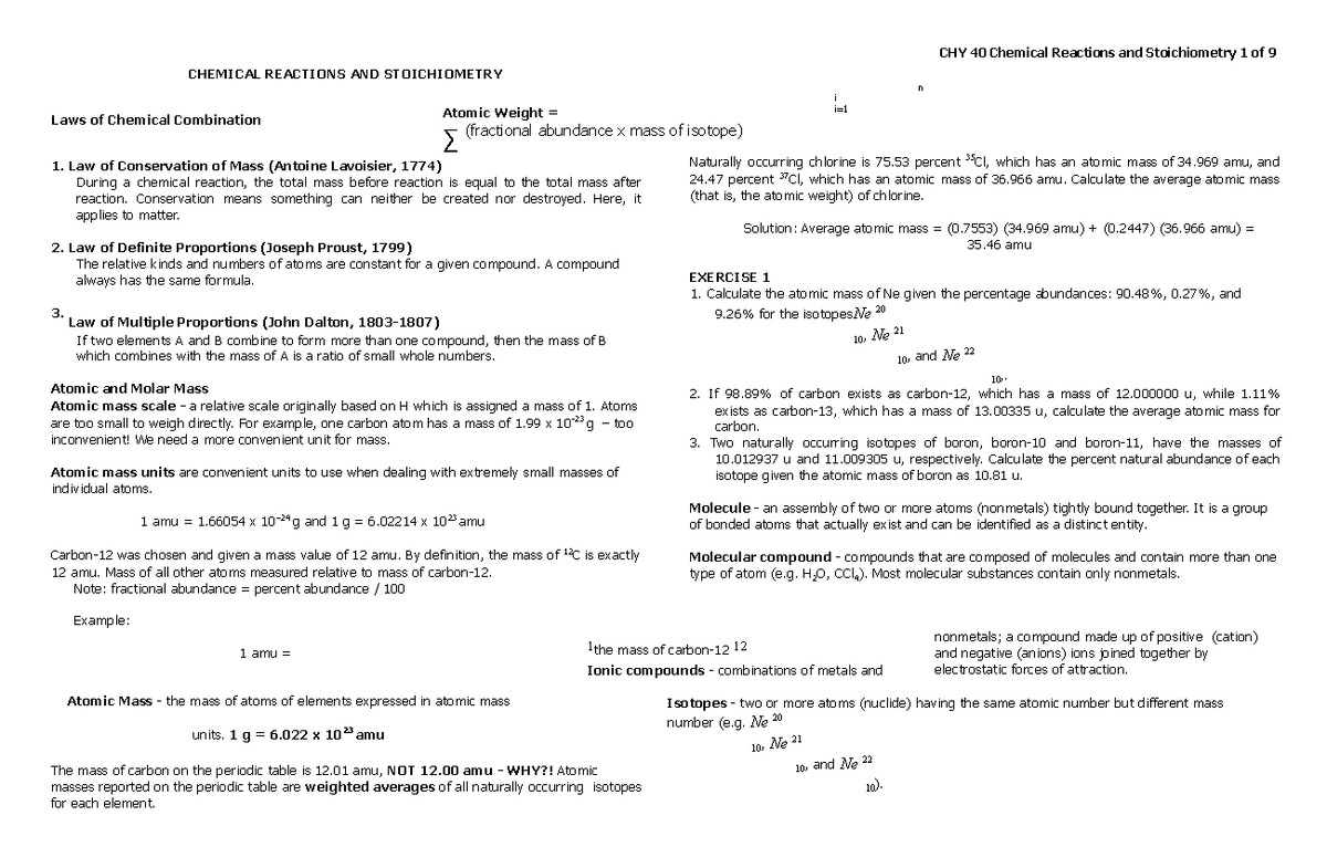 Unit III A. Chemical Reactions and Stoichiometry - CHY 40 Chemical ...