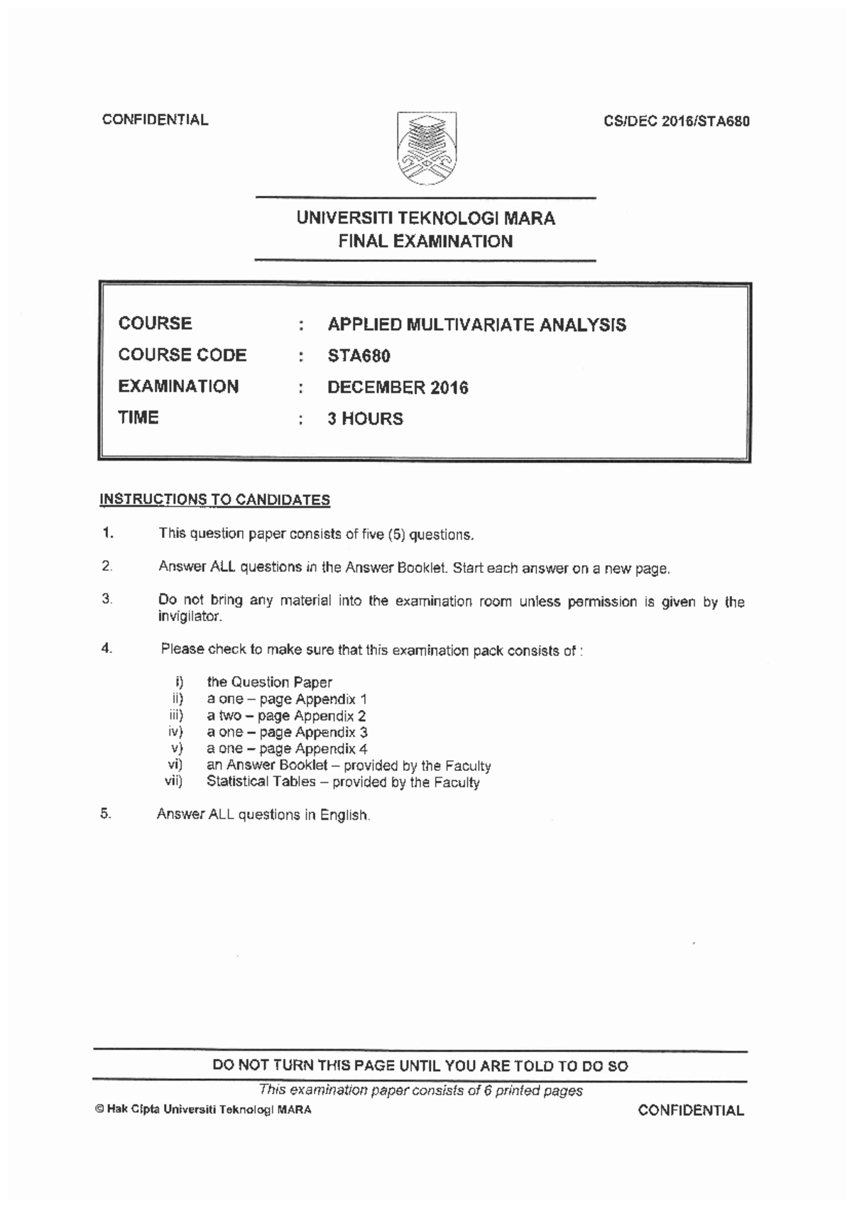 Dec16 - Past year - Applied Multivariate Analysis - Studocu